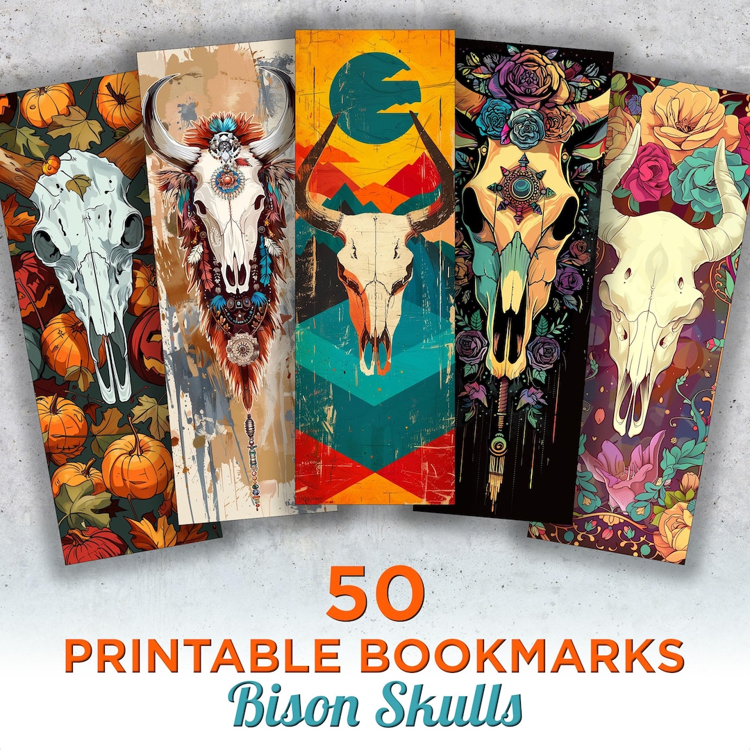 Buck Bookmark 50 Bison Skull Printable Bookmarks, Cow Skull Digital Bookmark Sheets ...