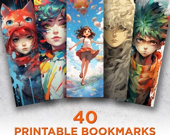 May include: Set of 40 printable anime bookmarks featuring colorful illustrations of anime characters. The bookmarks showcase various anime styles and themes, with vibrant colors and detailed artwork. The text "40 PRINTABLE BOOKMARKS Anime" is displayed at the bottom.