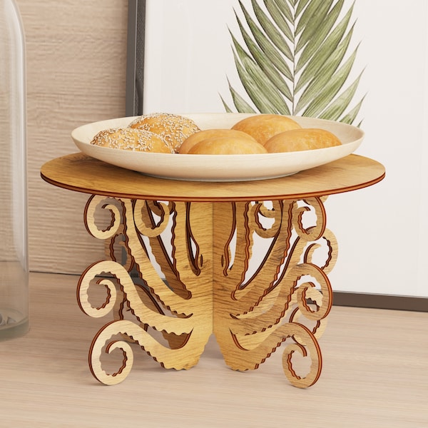 レーザーカット用タコフラワースタンド、デジタル木製動物棚モデル、タコトレイ Glowforge SVG カットファイル、タコフラワーポットスタンド