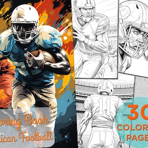 30 Football Coloring Pages, American Football Adults Printable Grayscale Coloring Book, American Football Digital Coloring Book Pages