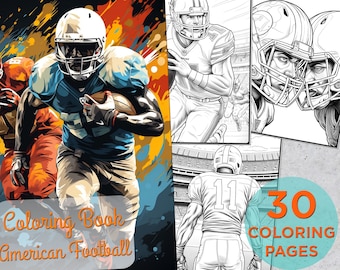 30 Football Coloring Pages, American Football Adults Printable Grayscale Coloring Book, American Football Digital Coloring Book Pages