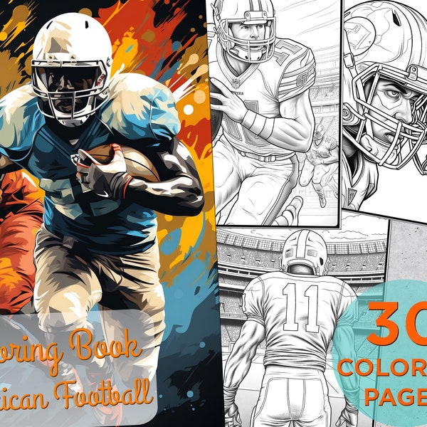 30 Football Coloring Pages, American Football Erwachsene druckbare Graustufen Malbuch, American Football Digital Coloring Book Pages