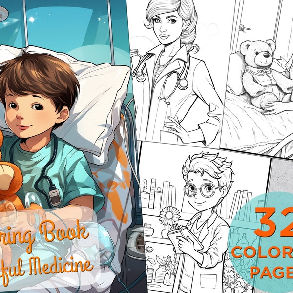 32 Cheerful Medicine Coloring Pages, Children Printable Nurse and Doctor Coloring Book Pages, Medical Coloring pages for kids