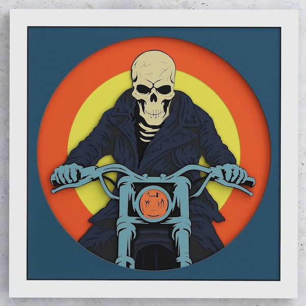 Biker Shadow Box, Skeleton Rider SVG Layered design for Cricut & Silhouette, Dead Skull Motorcyclist SVG Cricut Shadow box layered design