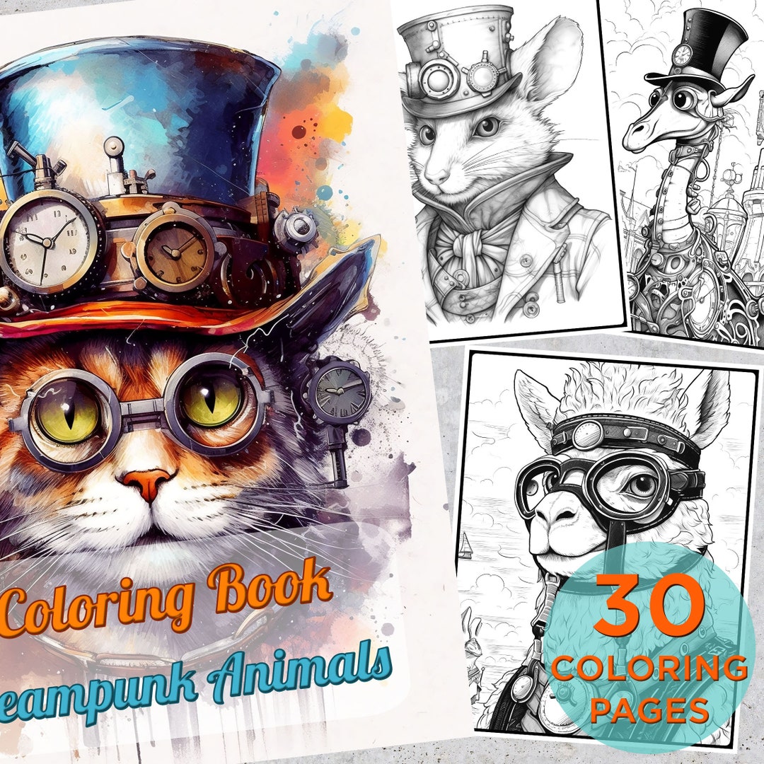 30 Steampunk Animals Coloring Pages, Steampunk Adults Printable