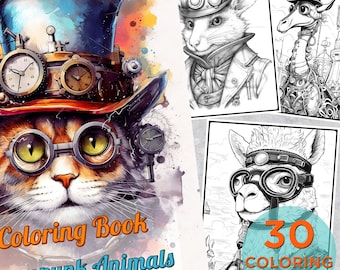 30 Steampunk Animals Coloring Pages, Steampunk Adults Printable Coloring Page, Steampunk Drawings Coloring pages, Steampunk Coloring Book
