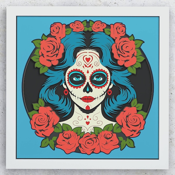 Sugar Skull Girl Shadow Box, Halloween SVG Layered design for Cricut Silhouette Glowforge, Sugar Skull layered SVG Shadow box Cricut