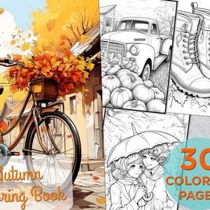 30 Autumn Coloring Pages, Autumn Fall Adults Printable Grayscale Coloring Page, Fall Autumn Digital Coloring Book Pages for adults