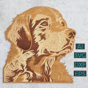 Design em camadas do Golden Retriever para corte a laser, design digital SVG DXF Retriever para corte, modelo de Retriever em várias camadas para Glowforge