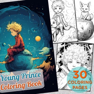 30 Prinz Malseiten, Märchen druckbare Graustufen Malbuch, Antoine Saint-Exupery Junger Prinz Digitales Malbuch