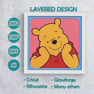 Peut inclure: Un design en couches représentant un ours de dessin animé souriant en chemise rouge, sur fond rose dans un cadre blanc et bleu. L'image comprend du texte indiquant la compatibilité avec Cricut, Glowforge, Silhouette et d'autres machines de découpe.