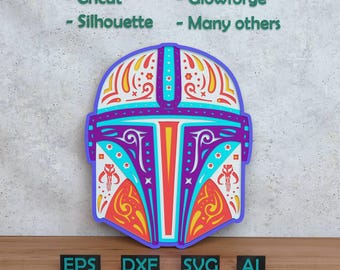May include: A colorful, stylized helmet design in shades of purple, blue, orange, and yellow. The design features intricate patterns and the text "- Cricut - Silhouette - Glowforge - Many others." Below are the file type abbreviations: EPS, DXF, SVG, and AI.