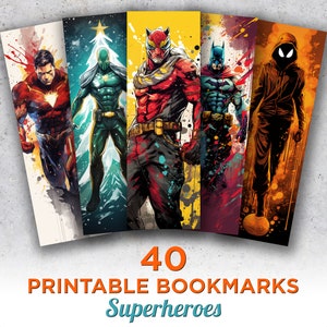 40 marcadores imprimibles de superhéroes, hojas de marcadores de descarga digital de cómics, sublimación de marcadores PNG de cómics, conjunto de marcadores de impresión y corte