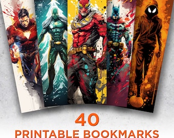 40 Superbohaterowie Drukowalne Zakładki, Komiksowe Cyfrowe Arkusze Zakładek Do Pobrania, Komiksowe PNG Zakładki Sublimacja, Zestaw Zakładek Do Wydruku i Wycięcia