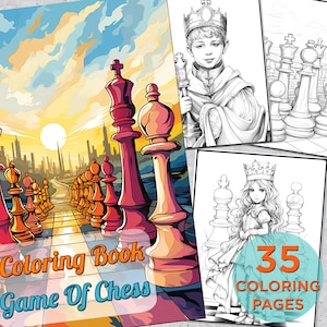 35 pages à colorier sur une partie d'échecs, livre de coloriage imprimable en niveaux de gris pour enfants et adultes, livre de coloriage numérique jouant aux échecs