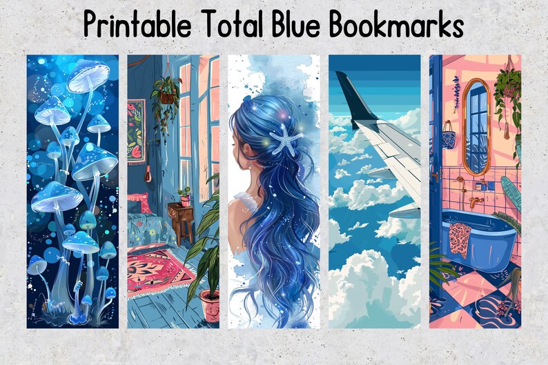 50 Total Blue Printable Bookmarks, Blue Digital Download Bookmark ...
