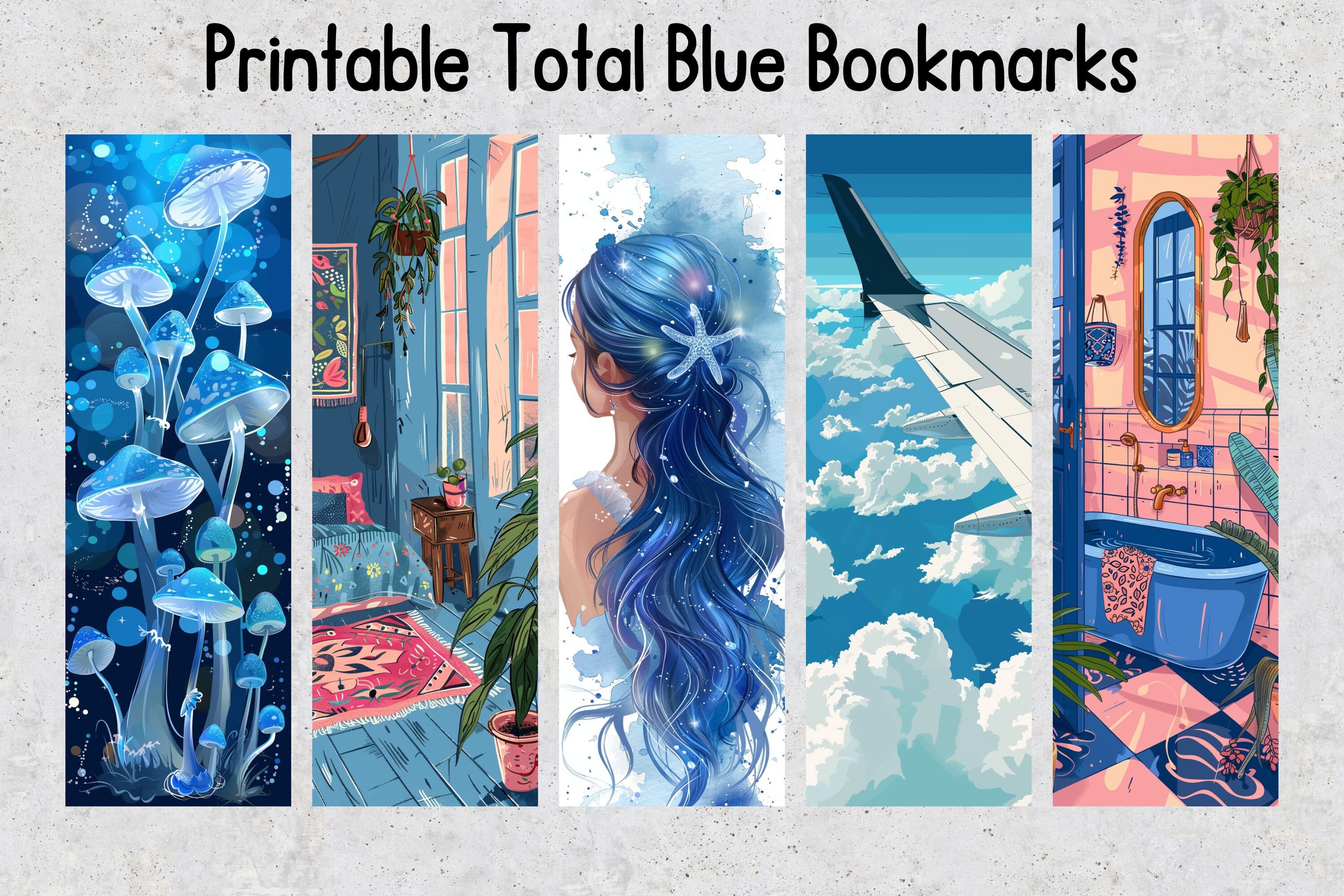 50 Total Blue Printable Bookmarks, Blue Digital Download Bookmark ...
