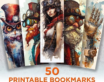 Puede incluir: Conjunto de 50 marcapáginas steampunk imprimibles con ilustraciones en acuarela. Los marcapáginas muestran varios personajes steampunk, incluyendo un búho y una mujer, todos adornados con gafas y engranajes. El texto "50 Printable Bookmarks Steampunk" está visible.