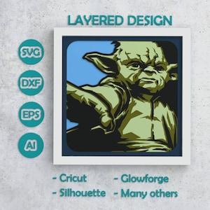 Puede incluir: Diseño en capas enmarcado con Yoda en tonos verdes. La imagen incluye el texto "LAYERED DESIGN" e iconos para formatos de archivo SVG, DXF, EPS y AI. También menciona la compatibilidad con Cricut, Glowforge, Silhouette y otras máquinas.