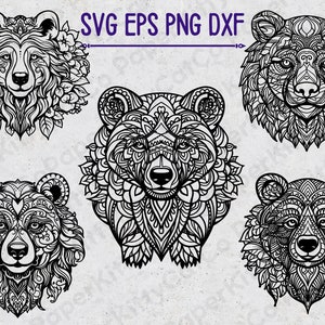 5 Bear SVG Bundle, Bear Zentangle Mandala SVG, Set of Bear PNG Sublimation Clipart, Bear Cricut svg zen mandala, Bear Zentangle Clip Arts