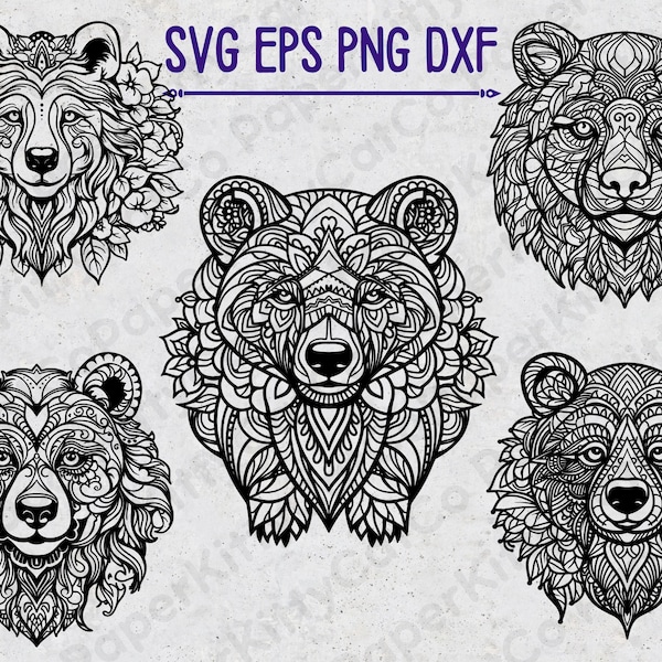 5 Bear SVG Bundle, Bear Zentangle Mandala SVG, Set of Bear PNG Sublimation Clipart, Bear Cricut svg zen mandala, Bear Zentangle Clip Arts