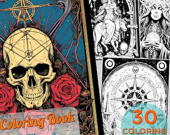 30 Tarot Coloring Pages, Adults Printable Coloring Page with Tarot arts, Tarot Drawings Coloring pages book, Halloween Tarot Coloring Book
