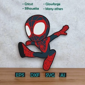 May include: A red and black Spider-Man figure in a leaping pose. The image includes the text "- Cricut - Silhouette - Glowforge - Many others" and file type abbreviations: EPS, DXF, SVG, and AI. The figure is a stylized representation of Miles Morales.