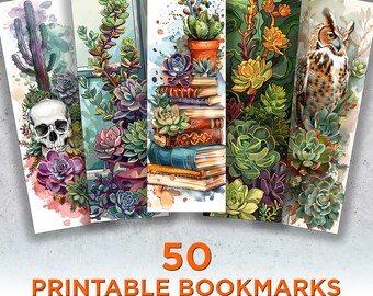 50 Cacti And Succulent Printable Bookmarks, Digital Download Bookmark Sheets, Cactus PNG bookmark sublimation, Print and Cut Bookmark Set