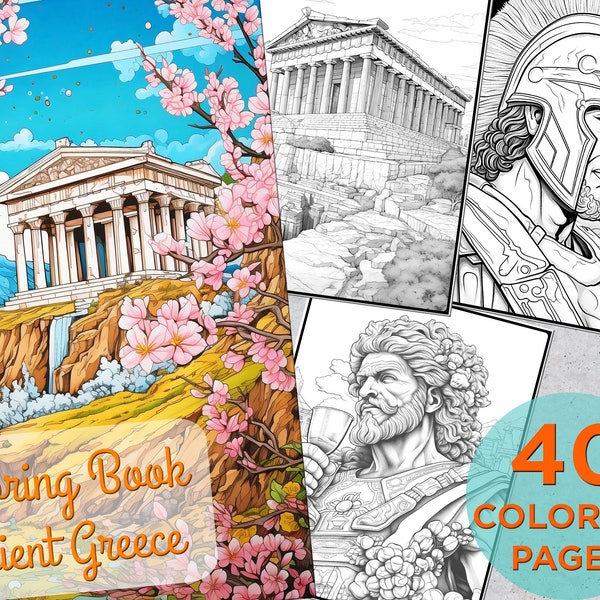 40 Ancient Greece Coloring Pages, Adults Printable Coloring Page with Greek arts, Ancient Greece Drawings Coloring pages book