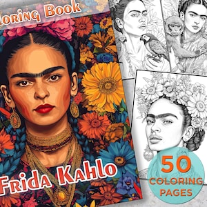 50 Frida Coloring Pages, Frida Printable Grayscale Coloring Book Pages for Adults and Kids, Frida Mystic Digital Coloring Book