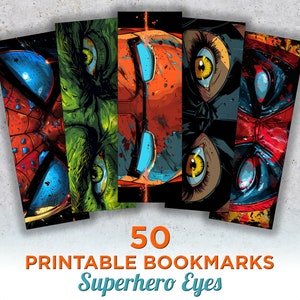 50 marcadores imprimibles de ojo de superhéroe, Hojas de marcadores de descarga digital de cómics, Sublimación de marcadores PNG, Conjunto de marcadores de impresión y corte