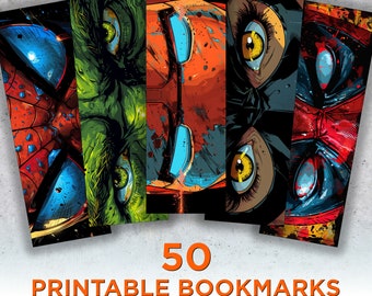 50 Superhero Eye Printable Bookmarks, Comics Digital Download Bookmark Sheets, PNG bookmark sublimation, Print and Cut Bookmark Set