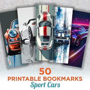 Peut inclure: Ensemble de cinq marque-pages imprimables illustrant des voitures de sport colorées. Les marque-pages sont conçus avec une mise en page verticale et présentent une variété de modèles de voitures, notamment une Porsche rouge et blanche, une décapotable blanche, une Chevrolet Camaro bleu et blanc et une Corvette violette et bleue.