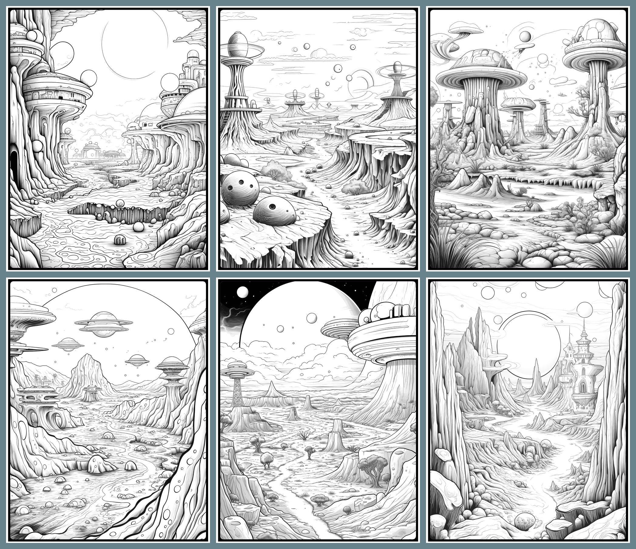 33 Alien Worlds Coloring Pages, Adults Printable Grayscale Coloring ...