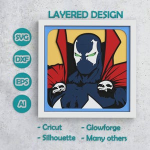 Puede incluir: Un diseño en capas enmarcado que representa a un personaje de cómic en tonos azules, rojos y blancos, con ojos verdes. La imagen incluye el texto "LAYERED DESIGN" y menciona la compatibilidad con Cricut, Glowforge y Silhouette.