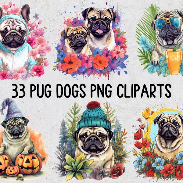 33 Pug Dogs PNG Cliparts, Watercolor Pug Dog and Flowers Sublimation, Set of Transparent PNG Pugs in Flowers Clip art for Sublimation Prints