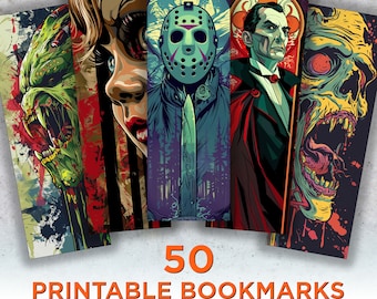 50 Horror Arts Printable Bookmarks, Horror Arts Digital Bookmark Sheets, Scary PNG bookmark sublimation, Horror Print and Cut Bookmark Set