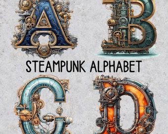 Steampunk Alphabet PNG Sublimation Clip art, Set Transparent PNG Steampunk Letters Clipart Sublimation, Watercolor Steampunk Letter Clipart