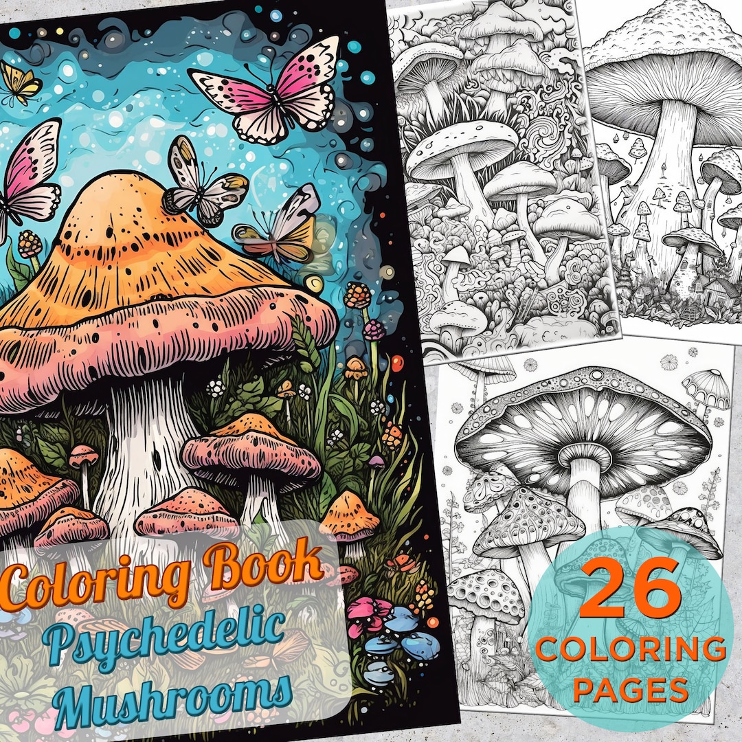 26 Psychedelic Mushrooms Coloring Book, Adults Kids Printable Grayscale ...