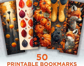 May include: Set of 50 printable bookmarks featuring autumnal themes. Designs include colorful leaves, pumpkins, a pug dog, and foxes.  The text "50 Printable Bookmarks Bright Autumn" is at the bottom of the image.