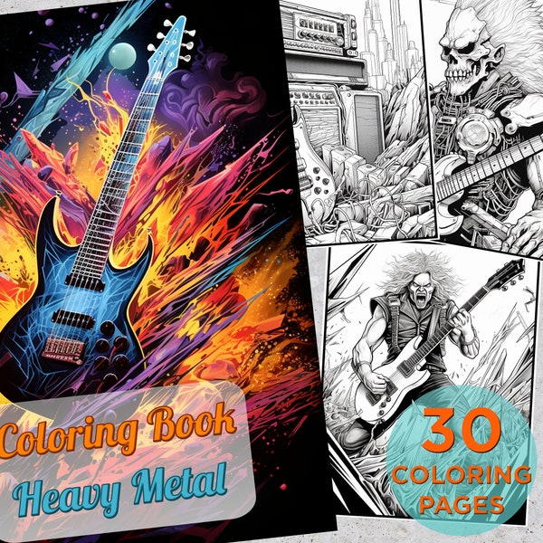 30 Heavy Metal Album Covers Coloring Pages, Adults Printable Coloring Page with Rock arts, Halloween Drawings Coloring pages book