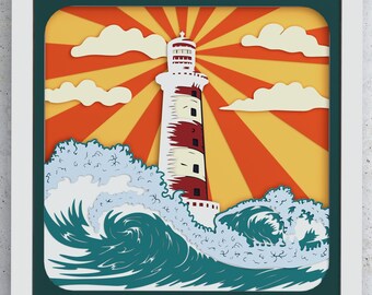 May include: A papercraft illustration of a lighthouse with red and white stripes standing in front of a blue ocean with white foamy waves. The background is a yellow and orange sunburst with white clouds.