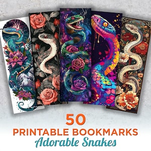 Puede incluir: Conjunto de cinco marcapáginas imprimibles con ilustraciones de serpientes coloridas. Cada marcapáginas presenta un diseño de serpiente único con detalles florales. El texto "50 PRINTABLE BOOKMARKS Adorable Snakes" se muestra en la parte inferior.