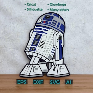 May include: A blue, white, and grey R2-D2 robot design. The image includes the text "- Cricut - Silhouette - Glowforge - Many others" and file type abbreviations: EPS, DXF, SVG, and AI.