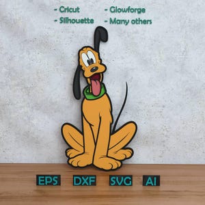 Puede incluir: Una figura de perro Pluto de dibujos animados en amarillo, negro y verde, con la lengua fuera. La imagen incluye el texto "- Cricut - Silhouette - Glowforge - Many others" y las abreviaturas de tipo de archivo "EPS", "DXF", "SVG" y "AI".