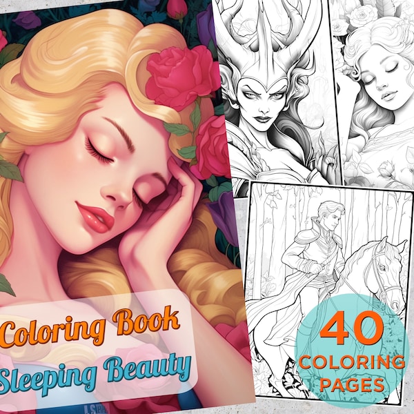 40 Sleeping Beauty Coloring Pages, Sleeping Princess Fairy Tale Printable Grayscale Coloring Book, Charles Perrault Fairy Coloring Book