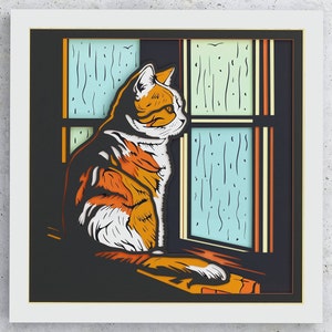 Caixa de sombra de gato em frente à janela em um dia chuvoso, design em camadas SVG para Cricut Silhouette e outras máquinas de corte