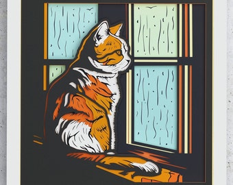Shadow Box of cat in front of the window on a rainy day, SVG Layered design for Cricut Silhouette and other cutting machines