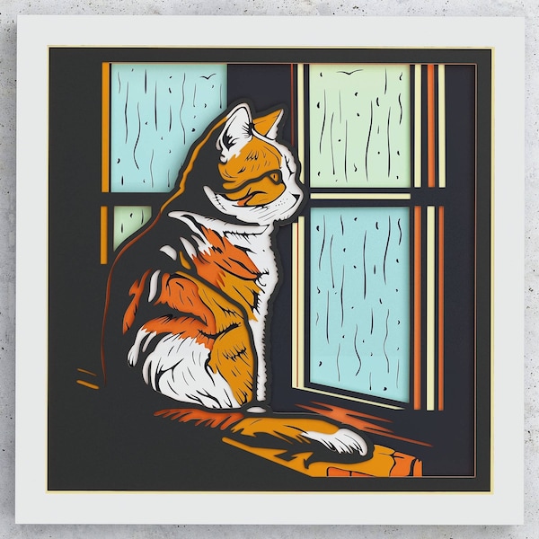 Shadow Box of cat in front of the window on a rainy day, SVG Layered design for Cricut Silhouette and other cutting machines