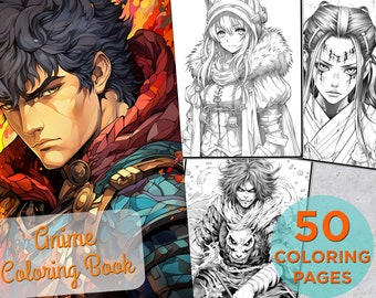 50 Anime Coloring Pages, Adults Printable Coloring Page with Anime arts, Manga Drawings Coloring pages book, Manga Digital Coloring Book